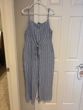 LOFT Blue & White Striped Tie-Front Wide-Leg Jumpsuit